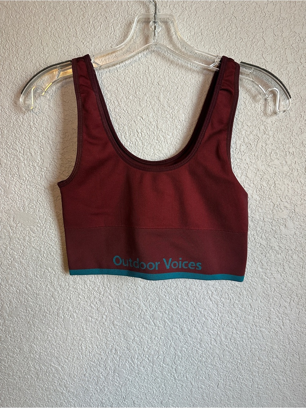 Outdoor Voices Burgundy Ribbed Scoop Sports Bra with Teal Trim